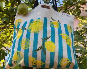 Block Printed Lemon Bag | Cheerful Lemon Handbag | Lemon Canvas Bag | Block Printed Bag | Shoulder Bag |  Fruit Market | Lemon Fruits Bags