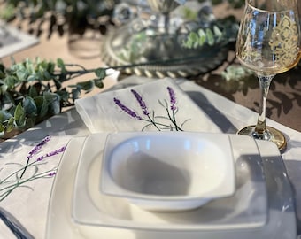 Servilletas de lino bordadas en lavanda, juego de servilletas florales para cena