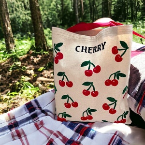 Hand Painted Cherry Canvas Bag Personalized Custom Hand Blocked Cherry Tote Bag Artistic Gift for Her Handmade Cute Daily Tote Bag Gifts