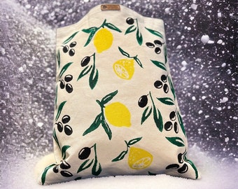 Lemon Citrus Print Tote Bag, Natural Canvas Daily Shoulder Bag