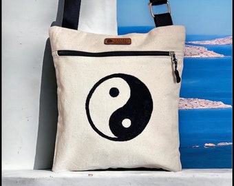Boho Messenger Bag, Ying Yang Bag , Messenger Bag, Custom Paint Crossbody, Canvas Courier, saddlebag, Cute Literary Bag, Hand Painted