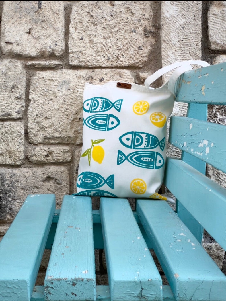 Modern Ethno Style Graphic Art 2 Fishes Block Printed Bag Fishes Handbag Colorful Fishes Tote Bag Tote Bag Cloth Bag image 8