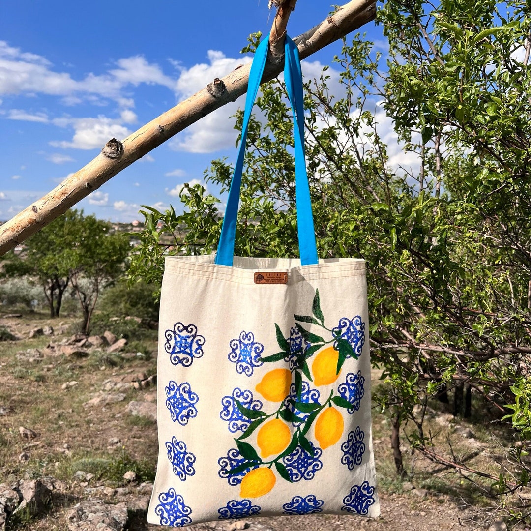 Lemon Bag Tote Bag Cloth Bag Cheerful Lemon Canvas Bag Block Printed ...
