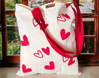 Gift with Red Hearts Personalisierte tote bag, Cotton tote Bag, Custom Painted  Bag, Hand Painted  Bag ,