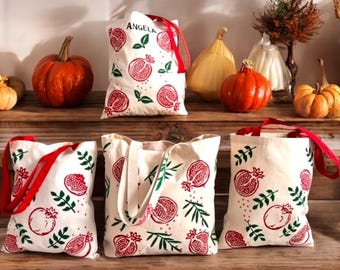 Personalized Pomegranate Tote Bag: Handmade Block Printed Cotton Canvas