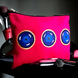 Hand-Painted Pink Evil Eye Makeup Bag – Personalized Boho Clutch, Unique Wedding Gift, Custom Cosmetic Bag, Holiday Gift for Her