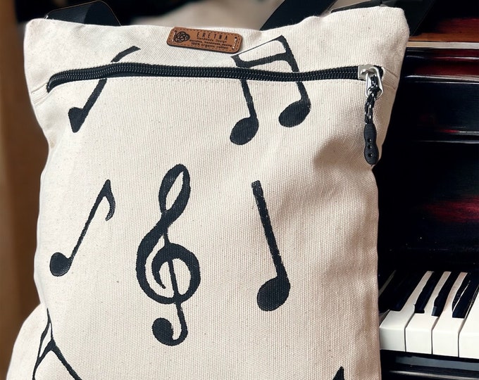 Boho Messenger Bag, Musical Notes Block Print Bag, Musician Gift, Sheet Music Tote Bag, Music Gifts, Piano Bag, Tote Bag, Cloth Bag,