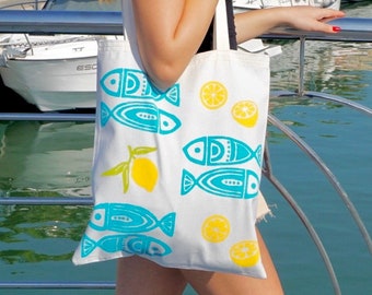 Modern Ethno Style Graphic Art 2 Fishes Block Printed Bag | Fishes Handbag | Colorful Fishes Tote Bag | Tote Bag | Cloth Bag