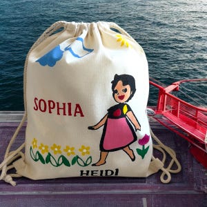 Sac à dos Heidi personnalisé pour enfants fait main en mousseline de coton biologique pour enfants d'âge préscolaire avec prénom de l'enfant Sac personnalisé unique pour tout-petit