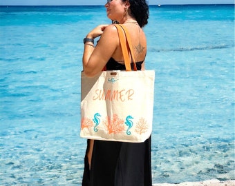 Coral and Seahorse Block Printed Bag, Tote Bag, Cloth Bag, Coral and Seahorse Canvas Bag, Block Printed Bag, Shoulder Bag, Boho beach bags