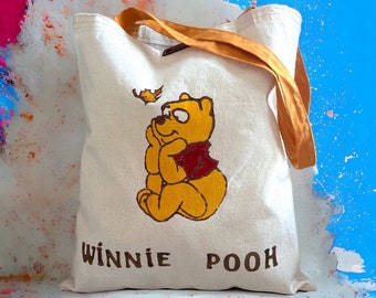 Winnie The Pooh Hand Painted Tote Bag, Pooh Gift Friends Tote Bag, Pooh Bear Bag, Cute Bag, tote bag winnie pooh, Pooh Lovers Gift Tote Bag,