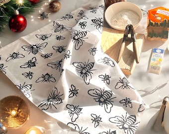 Bee Tea Towel, Hand Printed Bee Kitchen Towels, Garden Tea Towel Flour Sack Gift Housewarming, Kitchen Decor,