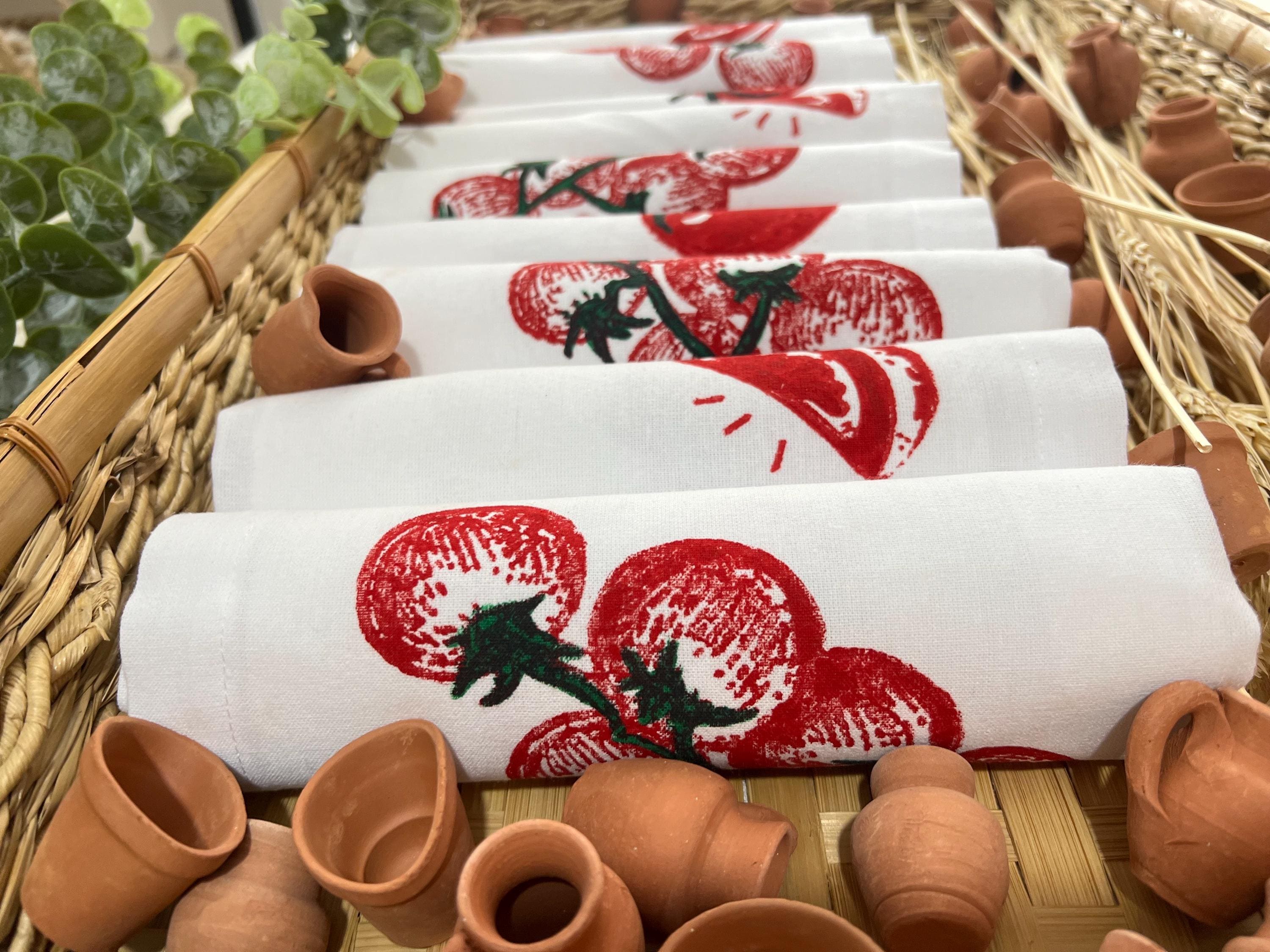 Hand Printed Tomato Tea Towel: Linen Cotton Farmhouse Kitchen Napkin