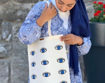 Tote Bag, Cloth Bag, Evil Eye Boho Bag, Hand Printed Bags, Vintage Style Bags, Library Tote Bag, Block Print Bags, Evil Eye Tote Bags