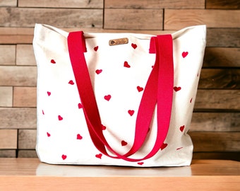 Hand-Painted Red Hearts Canvas Tote Bag: Romantic Gift