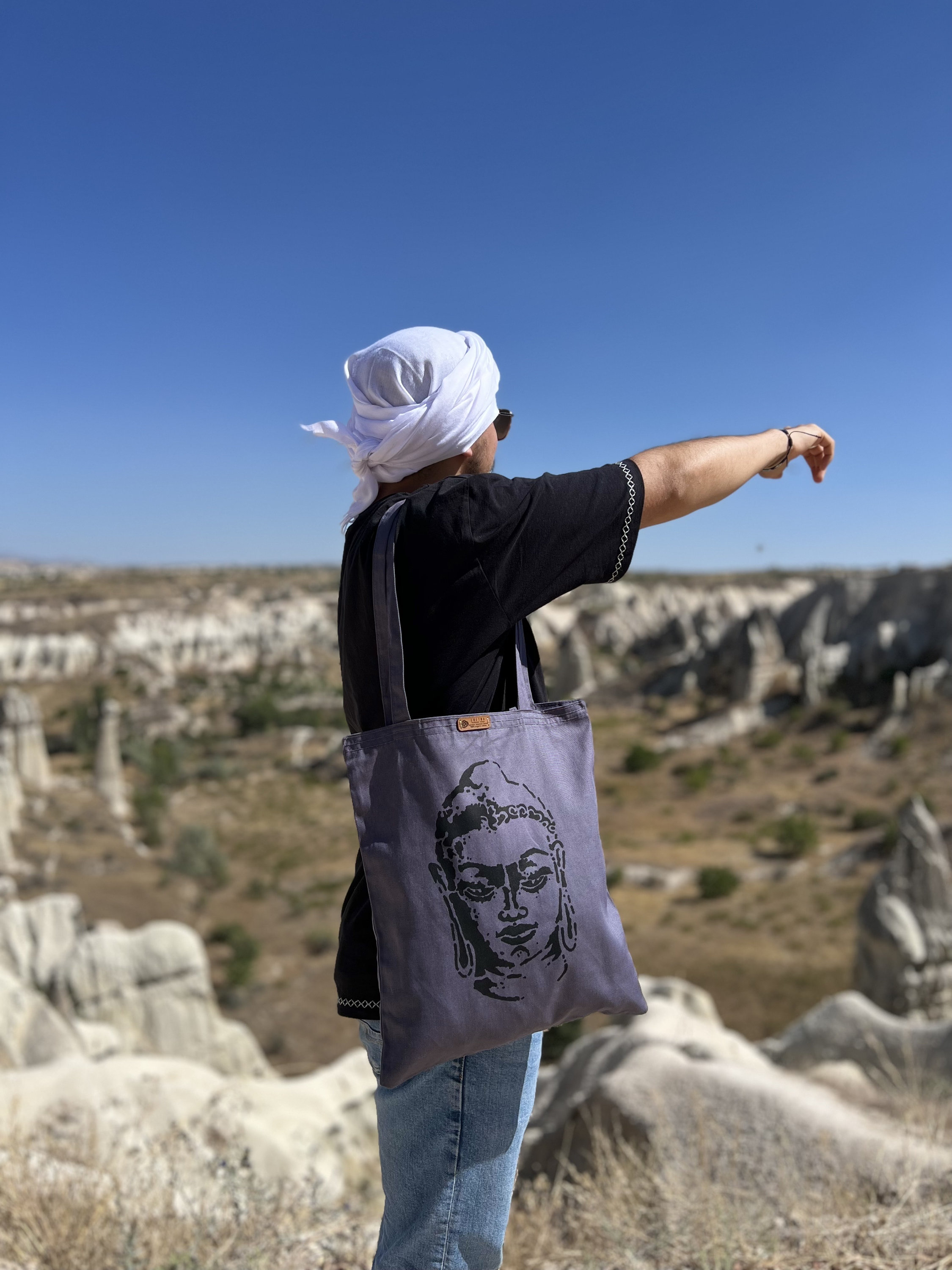Sac à Bandoulière Tissu Bouddha - Noir Et Vert, Toile De Coton, Doublure Blanche - Neuf Sans étiquette