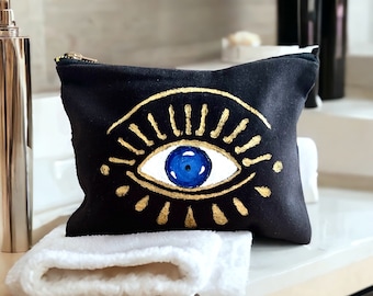 Evil Eye Makeup Clutch, Greek Evil Eye Makeup Bag, Bachelorette Party Makeup Bag, Evil Eye Clutch, Wedding Day Makeup Bag, Boho Evil Eye