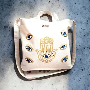 Personalised Chic Hand-Painted Hamsa Evil Eye Canvas Tote Bag Protective Gift for Her Handmade Gift Crossbody Evil Eye Bag Daughter Gift