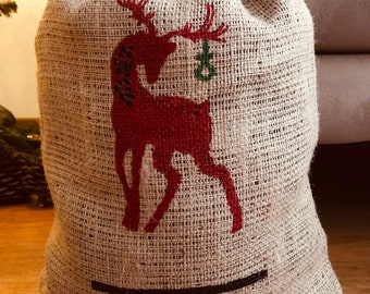 Handpainted Burlap Deer Sacks, Santa Sack, Christmas Bags, Deer Gift Sack, Block Printed,  tote bag canvas, bag, canvas tote bag, tote bags