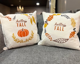 Set of 2 Hand painted fall theme cushion, Throw Pillow Cover, Block Print Cover, Natur Patterned  Pillows, Sofa Pillows, Decorative Pillows