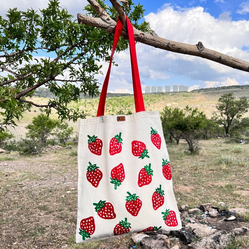 Strawberry Tote Bag, Block Printed Organic Cotton Canvas Fabric Shoulder Bag with Strawberry Hand Painted, 14x16 inches image 1