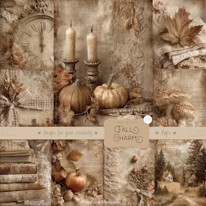 Puede incluir: Un collage en tonos sepia con imágenes otoñales. Presenta calabazas, velas, un reloj, setas y una hoja. El texto "Fall Charmo" es visible. El tema general es rústico y vintage.