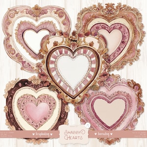 Shabby Hearts 75 Clipart: Molduras DIGITAIS para Dia dos Namorados, Arte Romântica para Scrapbook, Ephemera Rosa Pastel, Bordas Shabby Chic, Modelos de Coração em Branco