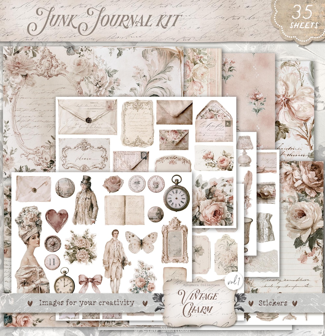 Vintage Charm Junk Journal Kit: Shabby Chic Ephemera (digital Download ...