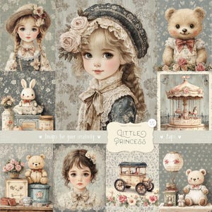 Piccola Principessa 55 Immagini: Clipart di Giocattoli Vintage, Pagine di Ragazze dell'Era Regency, Orsacchiotto, Bambola, Effimere di Album Stampabili da Scaricare in DIGITALE