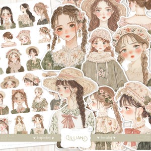 Lillian 40 fussy cuts: aquarel vintage stickers, anime-stijl, cottagecore shabby chic, mode, afdrukbare ephemera, digitale download