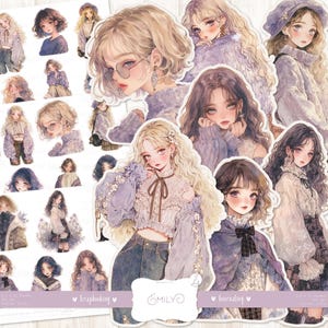 Coupes Emily Fussy : aquarelle mode femmes, style anime, stickers dames, belles femmes, violet, imprimable scrapbooking éphémères, téléchargement numérique