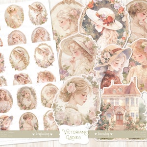 Kit coupes difficiles pour femmes de l'époque victorienne : autocollants aquarelle époque Régence, belles femmes, couronnes de fleurs, éphémères imprimables de scrapbooking, téléchargement numérique
