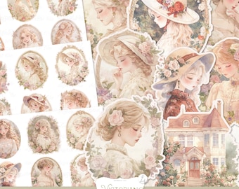 Viktorianische Damen Fussy Schnitte: Aquarell Blumen Aufkleber (Digitaler Download)
