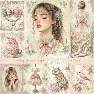 Coquette Aesthetics 122 imágenes: páginas de álbum de recortes digitales, imágenes prediseñadas románticas vintage, kit de diario Shabby Chic, acuarela floral pastel