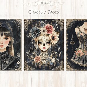 Op de afbeelding: Set van drie digitale kunstprints met gotische illustraties. E&eacute;n print toont een vrouw met bloemen in het haar, een andere een vrouw met gezichtsverf en bloemen, en de derde een korset en rok met bloemaccenten. De prints hebben een donkere, vintage uitstraling.