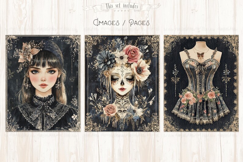 Op de afbeelding: Set van drie digitale kunstprints met gotische illustraties. E&eacute;n print toont een vrouw met bloemen in het haar, een andere een vrouw met gezichtsverf en bloemen, en de derde een korset en rok met bloemaccenten. De prints hebben een donkere, vintage uitstraling.