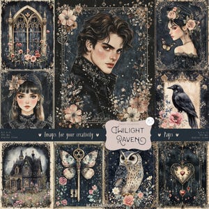 Op de afbeelding: Een verzameling digitale kunstprints met een gotisch en romantisch thema. De afbeeldingen tonen portretten, bloemstukken, een raaf, een uil en een sleutelvormige vlinder. De tekst "Twilight Raven" staat op een banner.
