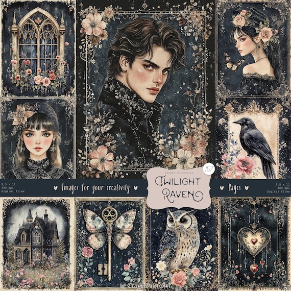 Gothic Raven Clipart: Dark Academia Witchy Ephemera (Digital Download)