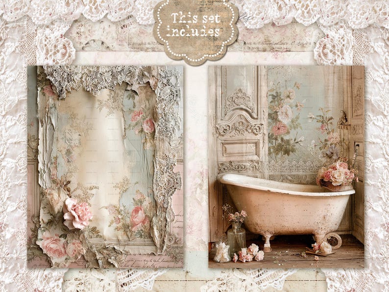 Shabby Chic Kit, Junk Journal Pages: Vintage Background, Delicate ...