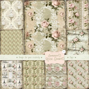 Dziennik Shabby Rose 90Zdjęcia: Papier Shabby chic, Tło z tkaniny, Tapety vintage, Wydrukowalne ephemera do scrapbookingu CYFROWE POBIERANIE