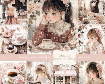 Vintage Coffee House Junk Journal-pagina's: shabby chic ephemera (digitale download)
