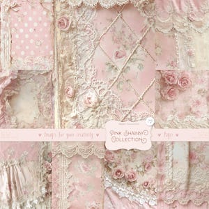 Puede incluir: Un collage de papeles rosas y crema con encaje, rosas y estampados florales. El texto "Pink Shabby Collection" es visible, junto con la frase "Images for your creativity". El tema general es vintage y romántico.