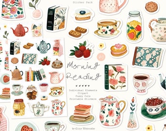 May include: A set of printable stickers featuring illustrations of books, teacups, flowers, and other cozy elements. The stickers are designed in a watercolor style and have a vintage aesthetic. The text "Morning Reading" is featured on one of the stickers.