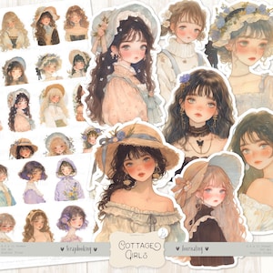 Découpes difficiles pour filles cottage : aquarelle dames victoriennes, autocollants Régence, belles femmes, mode, éphémères imprimables de scrapbooking, téléchargement numérique