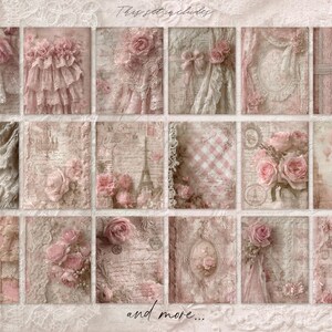May include: A collage of vintage-style digital papers in soft pink and cream tones. The designs include roses, lace, script, and the Eiffel Tower. The text "This set includes" and "and more..." is visible.