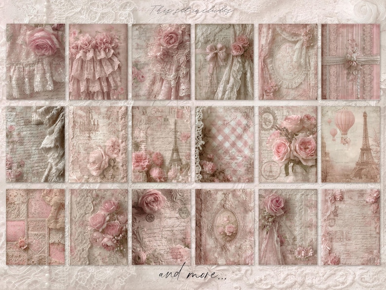 May include: A collage of vintage-style digital papers in soft pink and cream tones. The designs include roses, lace, script, and the Eiffel Tower. The text "This set includes" and "and more..." is visible.
