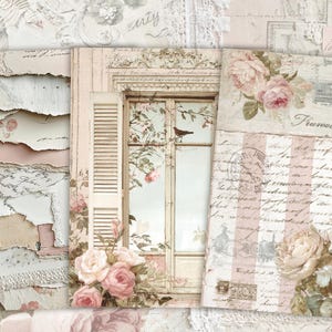 May include: A collage of vintage-style papers and floral elements. The image features torn paper, roses, and a window scene with a bird. Soft pink and cream tones create a romantic, antique aesthetic.