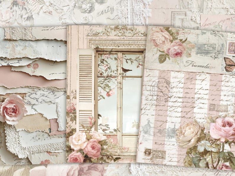 May include: A collage of vintage-style papers and floral elements. The image features torn paper, roses, and a window scene with a bird. Soft pink and cream tones create a romantic, antique aesthetic.