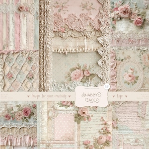 May include: A collage of vintage-style scrapbook paper with floral and lace designs. The color palette includes soft pinks, creams, and pale blues. The text "Shabby Lace" is visible on a banner.