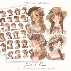 Mode de Paris (2) 40 kieskeurige sneden: aquarel moderne stickers, anime-stijl, Cottagecore shabby chic, mode, afdrukbare ephemera, digitaal